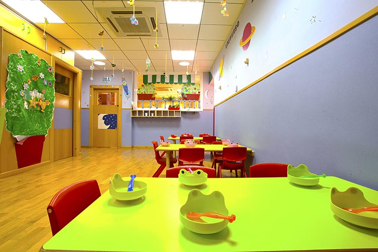 Aula Comedor de la escuela infantil con platos en forma de ranas sobre las mesas de color verde.